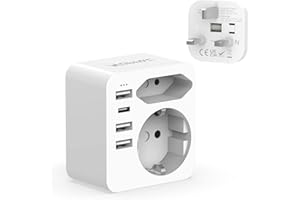 HOPPAC Adattatore Presa Inglese, Adattatore Spina Inglese Con 3 USB e 1 USB C（3.4A,17W）, Adattatore UK Con Spina Europea e Schuko, Adattatore Di Tipo G Adatto per Regno Unito, Irlanda, Dubai, Maldive
