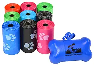 180 Pet Waste Bags, Dog Waste Bags, Bulk Poop Bags on a roll, Clean up Poop Bag Refills - (Color: Rainbow with Paw Prints) + Free Bone Dispenser by Downtown Pet Supply