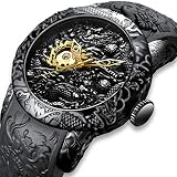 Herren Automatikuhr Männer Mechanische Automatik Schwarz Militär Wasserdicht Skelett Gold Designer Armbanduhren Mann Luxus Großes Chinese Stil 3D Drachen Analog Gummi Uhr