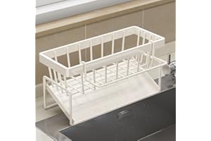 JJIW Sink Caddy, Kitchen Sink Organiser With Self Draining Tray, Stainless Steel Dishcloth Sponge Holder For Kitchen Storage & Organisation(White)