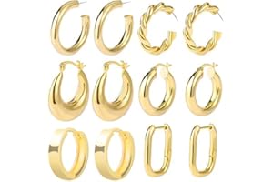 Weinsamkeit Zestaw 6 par złotych kolczyków kreoli dla kobiet i dziewcząt, hipoalergiczne, grube kolczyki do spania, skręcone kolczyki Huggie Hoop, złote, duże, Miedź