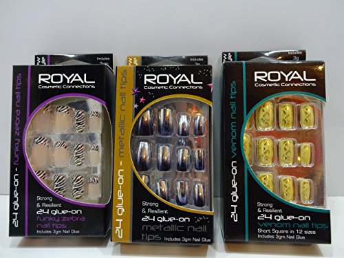 Sale Price ~ 3 box - Royal Cosmetics Glue-On Nail Tips x 3 box lot bargain 3 different designs with glue
