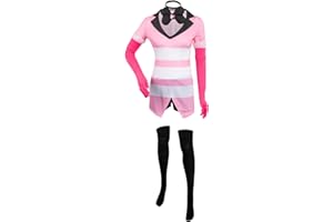MOYGOR Angel Dust Cosplay Costume Hazbin Hotel Costume Womens Pink Dress with Stocking Gloves and Collar Anime Cosplay Halloween Carnival Suit