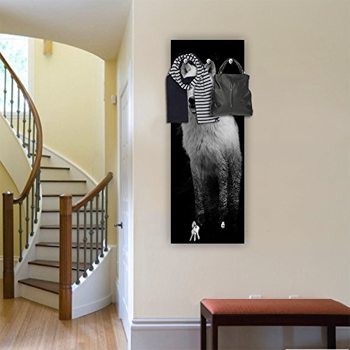 Feeby, Deco Panel Aufhänger, Kleiderhaken, Wandgarderobe, Garderobe, Wandecor Bilder mit hänger, 5 haken, WOLF, TIER, SCHWARZ-WEIß