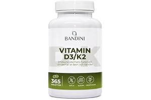 Bandini® Vitamin D3 K2 365 tabletter (12 månader) - Vitaminer D3 2000 IE + | 200 µg Vitamine K - Stödjer skelett, tänder, muskler, leder och immunsystem - Vitamin D K2 - Kolekalciferol & MK-7