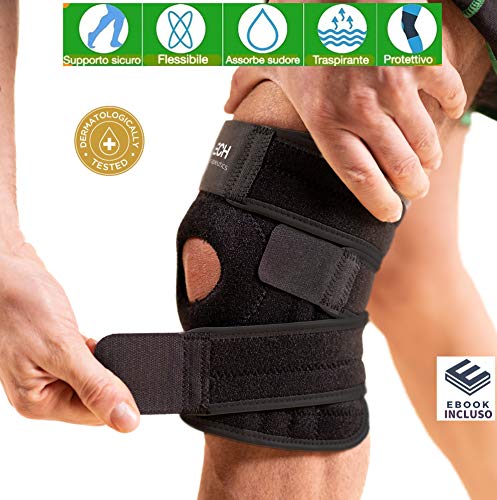 New 2020 Ginocchiera Ortopedica -TECH THERAPEUTICS- Doppi Stabilizzatori Rinforzi Laterali Tutore Ginocchio Traspirante e Confortevole per Sport e Recupero Post Operatorio  E-BOOK incluso