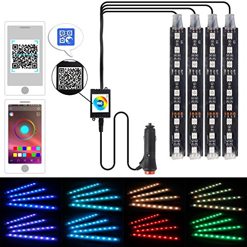 Preisvergleich Produktbild LED Streifen Auto 4-teiliges Innenraumbeleuchtung Lichtleiste mehrfarbliche Atmosphäre Dekorative Licht LED Neonstab Strip APP Kontrolle 12V DC