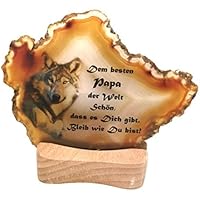 Achat Edelstein Mineralien auf Holz/Teelicht Natur einzigartig kreatives Geschenk für Geburtstag Liebe Freunde Text und Motiv: Bester Papa Wolf