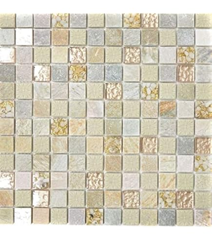 Mosaikfliesen Glas Goldstar – Klar, Weiß & Bronze – Für Wand, Boden, Bad, Küche & Theke – Matte 32,7x30,5 Cm