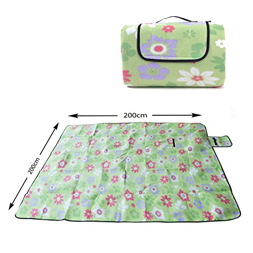 XXL Picknickdecke 200 x 200cm, wärmeisolierende Camping-decke, wasserdicht und zusammenfaltbar, mit Tragegriff von Ocean5, Farbe: grün - Blumen