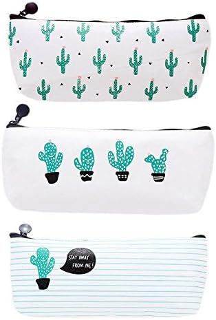 Chbmarteu Set of 3 Fresh Cactus Pattern pencil case, Cactus Zero Purse,Canvas Zippered Stationery,Korean simple male and female middle school students cute little fresh zipper pencil bag
