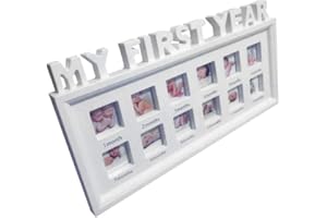 MANYO. Manyo Cadre Photo Bébé 12 mois, Album de Naissance- Ma première année, Decoration Table Anniversaire Support Photo Mural (Blanc)