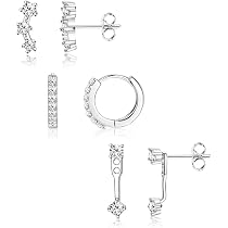 Set 4 Orecchini A Bottone Argento Per Donna | Eleganti Cerchi E Cerchietti In Rame | Gioielli Regalo Per Ragazze
