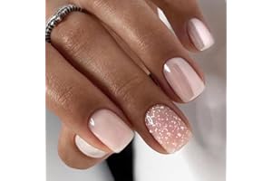 MouyouGlow Press on Nails Kurz,Square Hochzeit Nude Rosa Glitter Glaze Fake Nails Kunstnägel mit Nagelkleber,Light Pink Aurora Künstliche Fingernägel
