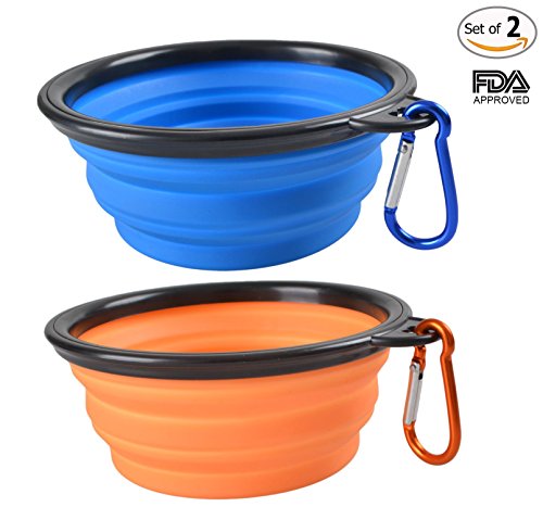 Motionjoy Set de 2, Pliant Voyage Silicone Chien Bol, Food Grade Silicone BPA Gratuit FDA Approuvé, Portable bol pour Chien et Chat, Mousqueton Gratuit