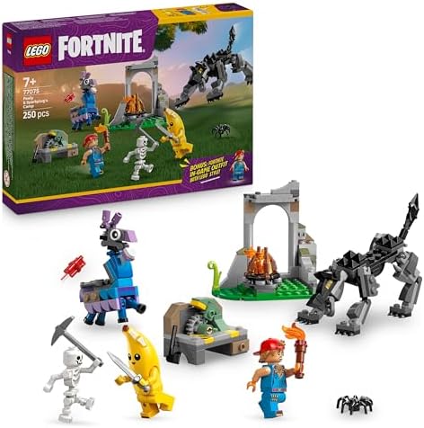 LEGO Fortnite Campo di Bananita e Starter Giocattolo - Include le Figure del Lupo e del Lama delle Scorte, 3 Minifigure e un Falò - Regalo per Gamer, Bambini, Bambine e Fan da 7 Anni - 77075