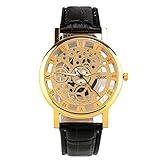 Beautyrain Skeleton Dial Herren Lederarmband Edelstahl Zifferblatt Armbanduhr