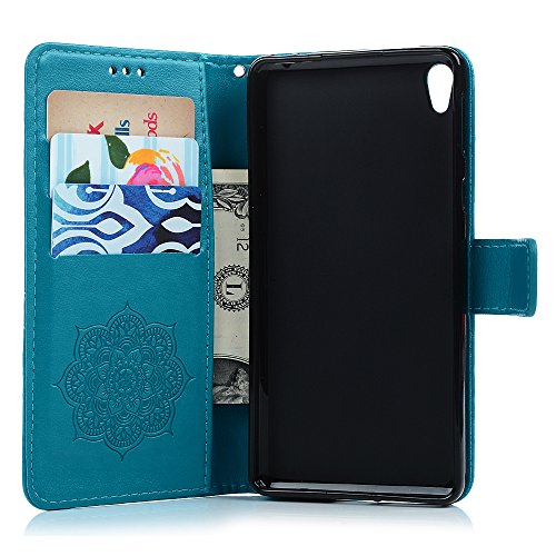 Lanveni Lederhülle Leder Tasche für Sony Xperia E5 Hülle Windspiele Muster Design Case Cover Bookstyle Brieftasche Card Slot Handy Schutzhülle Back Cover (Blau) + 1 x Stylus Pen + 1 x Staubdichte Stecker - 8