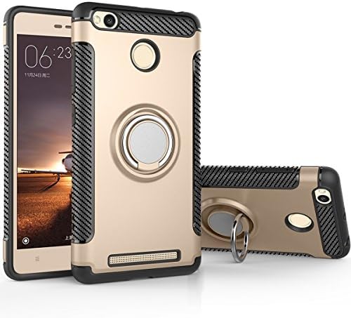 COOLKE Dual Layer Shockproof TPU Silicone + PC Hard Back shell 360 Rotating Ring Grip Holder Kickstand with Back Magnetic Circle Protective Case Cover for Xiaomi Redmi 3S - Golden