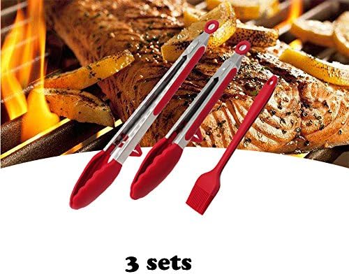 [3-Pack] Gaomoo Kitchen Premium Silicone Tongs Grip Stainless Steel Handle - Smart Locking Clip - Heat Resistant, Food Grade - Non-Stick Heat Resistant for Cooking, BBQ, Meat, Salad, etc (Red)