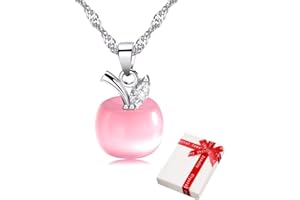ZOOTING Damen Kette Anhänger Rosa Apfel Form mit Strass für Teenager Mädchen Frauen,Pink Simulierter Katzenaugenstein Halskette,Zart Silber Modeschmuck Geschenk für Freundin Tochter Muttertag Geburtstag 45cm