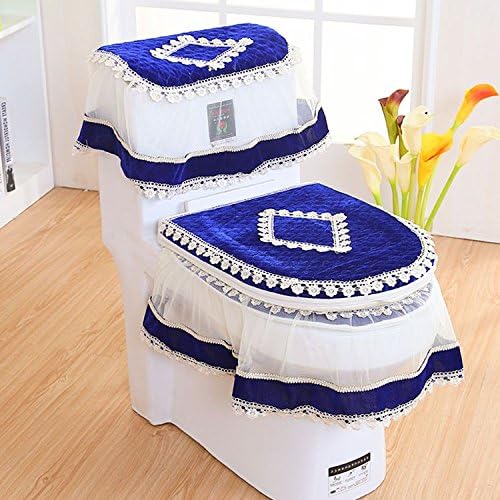 MKSFY Toilet Seat Cover High-Grade Pastoral Fabric Lace Toilet 3-Piece Zipper Waterproof, Precious Stones Blue