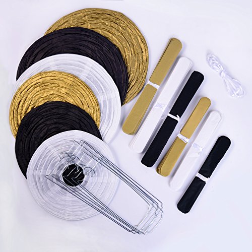 Outus 6 Stück Pom Poms Tissue-Papier Papierblumen und 6 Stück Papier Laternen Weiß Schwarz Gold mit Weißen Band für Party Geburtstag Dekoration - 4