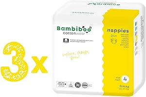 Bambiboo Pieluchy niemowlęce rozmiar 4 Maxi (9-14 kg) - COTTONWEAR - jednorazowe pieluchy dla niemowląt z bawełny organicznej i materiałów roślinnych ze wskaźnikiem wilgotności – 3 x 24 (72 sztuki)