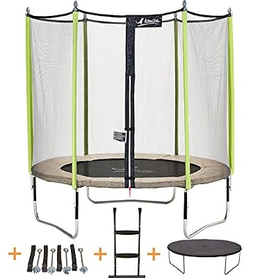 Kangui - Trampoline de Jardin 244 cm + Filet de Sécurité + échelle + bche de Protection + kit d'ancrage JUMPI Zen 250