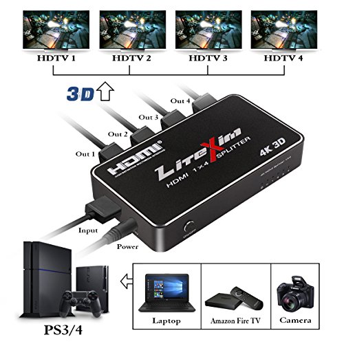 HDMI Splitter, LiteXim 1×4 HDMI Splitter Ver1.4 Powered HDMI Splitter Amplifier 1 In 4 Out Signal Distributor Certified for 4k x 2K@30Hz & 3D Support - 3