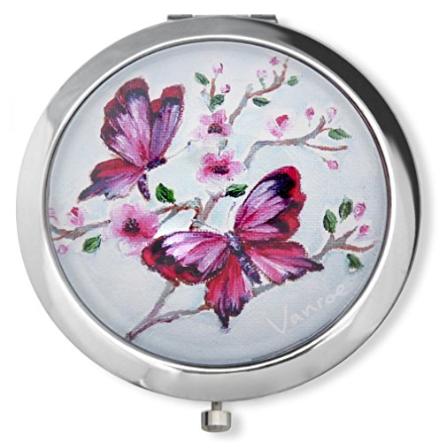 Vanroe 'Pink Butterfly' Designer Compact Mirror in Gift Box - Bridesmaid Idea, Magnified