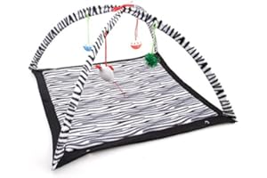 VERTAST Katzen Spielmatte Schlafmatte gepolstertem Zelt – Indoor Kuschelbett rutschfeste Unterlage mit hängenden Spielzeug & Bällen für Aktivität & Entspannung (Zebra Stripes - 55x55cm)
