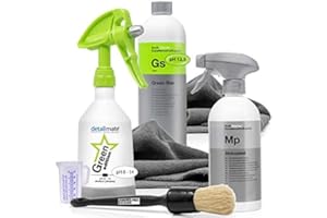 detailmate Set de limpieza y cuidado del motor del coche: Limpiador universal Koch Chemie GreenStar 1l + botella de spray KWAZAR + 2x paño microfibra + cepillo Valet Pro + Koch Chemie Motorplast 0,5l