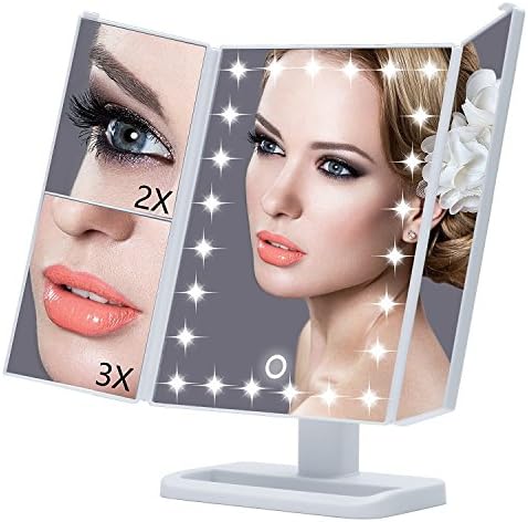 Illuminated Makeup Mirror, Makeup Mirror with 24 LED Lights Touch Screen and 3X / 2X/ 1X Magnification Magnifying Make Up Mirror LED Lighted Illuminated Cosmetic Mirror with LED Lights Desk Free Standing Portable (3X)