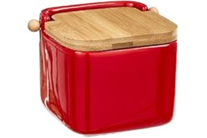 D,CASA d'CASA Salero Rojo cerámica con Tapa de madera, 12x12x11 cm (60051)