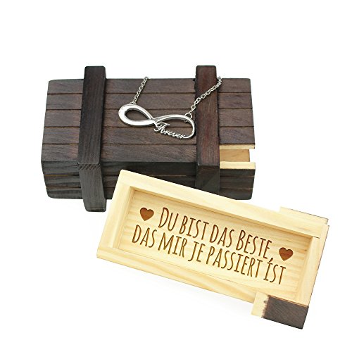 Schmuckset – Edelstahl Kette Silber mit Anhänger Forever und dunkle Magische Geschenkbox mit Gravur – Das Beste – Schmuck-Geschenk für Damen als romantische Geschenk-Idee für Verliebte