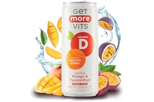 Get More Vits - Vitamin D Sparkling Mango & Passionfruit Spring Water (12 x 330ml), Support Healthy Bones, Teeth & Muscles, Boost Immune System, Sugar Free, Low Calorie, Natural Flavours, Vegetarian