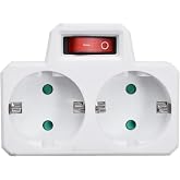 Schuko Adapter 2 Sockets with Switch, Double Front Thief with Switch, Multiple Plug with 2 Sockets, Thief Plugs 2 x 16A, with