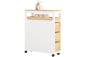 SoBuy Mobiletto Bagno Salvaspazio con Ruote, Mobile Compatto con 3 Cassetti, per WC, Armadietto Bagno in Legno, Facile da Spostare, Bianco+Natura, 65x23x82cm, BZR54-WN