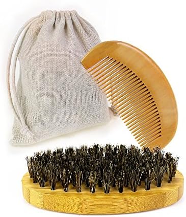 Beard & Mustache Brush and Comb Kit-JT JUSTIME Natural Boar Bristle Beard Brush & Wooden Grooming Comb with Travel Pouch-Great for Dry or Wet Beards Styling Shaping & Growth