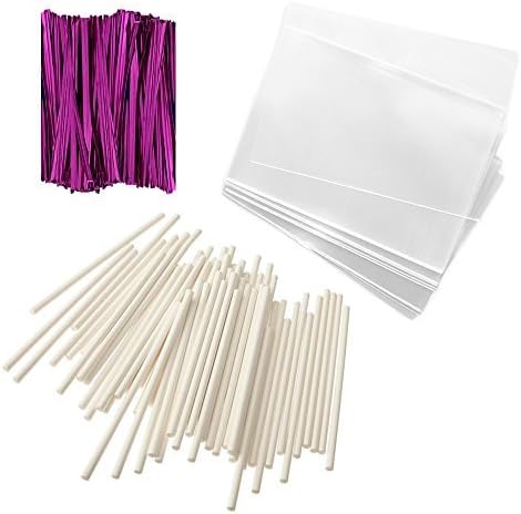 Baking Addict 100 Cake Pop Treat Bag Sets Metallic Twist Ties, Lollipop Sticks, Clear Cello Favor Bags, 4 W, Pink by Baking Addict