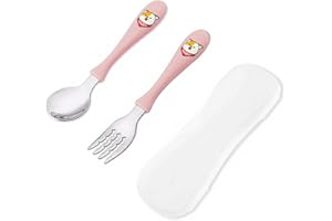 VANRA Set di 2 utensili per bambini con custodia, forchetta e cucchiaio per bambini, in acciaio inox 18/8, set di posate per bambini, con custodia da viaggio, per portapranzo (rosa))