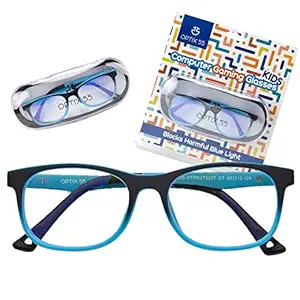 Optix 55 Kids Blue Light Blocking Glasses - Anti Eyestrain - Computer Video Gaming Eyeglasses for Boys & Girls - Bendable & Unbreakable Flexible Blue Square Frame Eye Glasses (Blue)