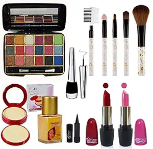 SWIPA All In One Professional Womens Makeup Kit(Pink Red Lipstick,18Color Eyeshadow,5Pcs Makeup Brush,2in1Compact Powder,Foundation(30ml) Kajal,Liquid Eyeliner) (Dark Red)