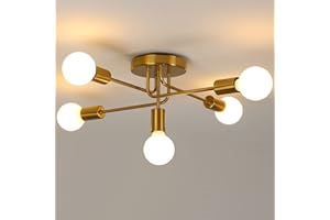 AUA Modern Sputnik Chandelier Ceiling Light, 5 Lights Golden Semi Flush Mount Ceiling Lights, Adjustable Ceiling Light Fitting for Living Room Kitchen Dining Room Farmhouse Hallway