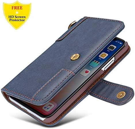 iPhone X Case + Free HD Screen Protector,idatog® High Quality PU Leather Wallet Flip Folio Book Case Cover with Kickstand Feature Card Slots and Magnetic Closure For Apple iPhone X 5.8 Inch (Dark Blue)