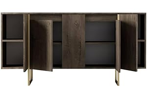 Dmora Credenza Betel, Buffet da Soggiorno, Madia da Salotto, Dispensa da Cucina, 160x35h80 cm, Noce e Oro, Pannello melaminico 18mm, Metallo