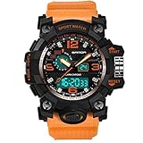 Herrenuhr Klassisch Multifunktion Sport Wasserdicht Quarz Uhren,Hevoiok Neu Bunt Kaltes Licht LED Doppelte Anzeige Outdoor-Abenteuer Elektronik Herren Luminous Armbanduhr (Orange)