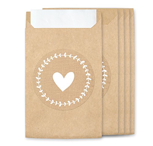 Freudentränen Set 100 braune Flachbeutel inklusive 100 runde Aufkleber / Sticker mit Jute-Optik und Herz als Verpackung für Freudentränen Taschentücher - TOP QUALITÄT aus Deutschland by KuschelICH
