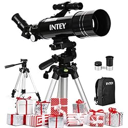 INTEY Télescope Astronomique F400mm, Grossissement (67X, 16X) Oculaire Kellner (K6mm, K25mm), Objectif de 70mm, Cadeau pour Enfants/Débutants, Trépied Réglable et Sac à Dos, Explorer le Ciel/la Nature